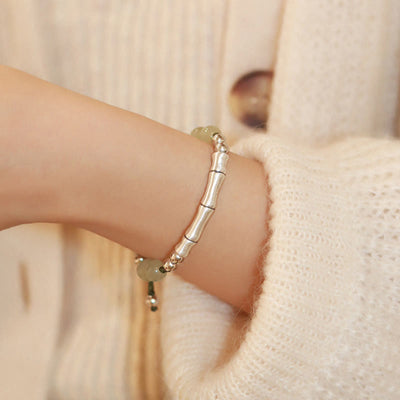 Buddha Stones 925 Sterling Silver Natural Jade Fu Character Bamboo Abundance Bracelet Bracelet BS 14