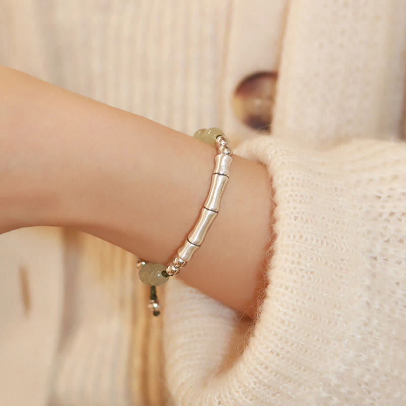 Buddha Stones 925 Sterling Silver Natural Jade Fu Character Bamboo Abundance Bracelet Bracelet BS 14