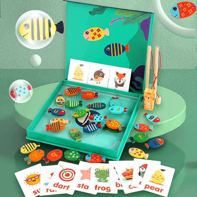 Fidtoy Juguete de Pesca Magnético de Madera – Juego de Aprendizaje Montessori con 26 Peces Letra