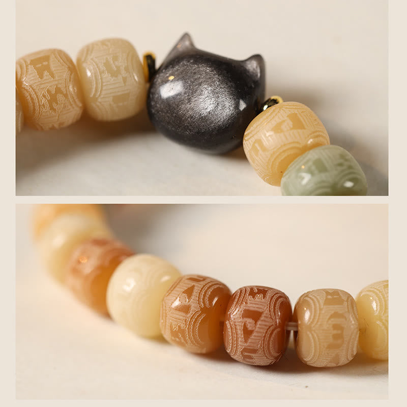 Buddha Stones Bodhi Seed Silver Sheen Obsidian Cat Head Om Mani Padme Hum Engraved Harmony Bracelet Bracelet BS 3