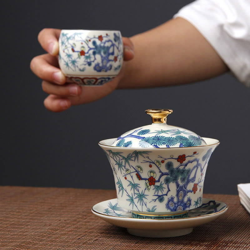 Buddha Stones Retro Plum Blossom Pine Bamboo Phoenix Kirin Ceramic Gaiwan Sancai Teacup Kung Fu Tea Cup and Saucer with Lid Cup BS 5