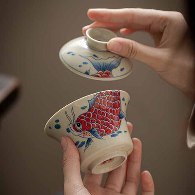 Buddha Stones Koi Fish Arowana Ceramic Gaiwan Sancai Teacup Kung Fu Tea Cup With Lid 130ml Cup BS 27