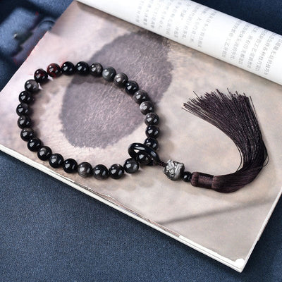 Buddha Stones Natural Silver Sheen Obsidian Lion Wrist Mala Protection Tassels Pocket Mala Car Decoration Wrist Mala&Decorations BS 16mm