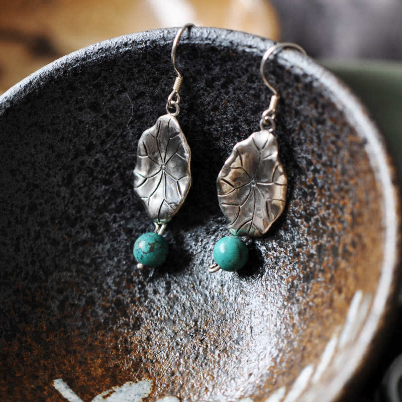Buddha Stones 925 Sterling Silver Turquoise Lotus Leaf Protection Drop Dangle Earrings Earrings BS 7