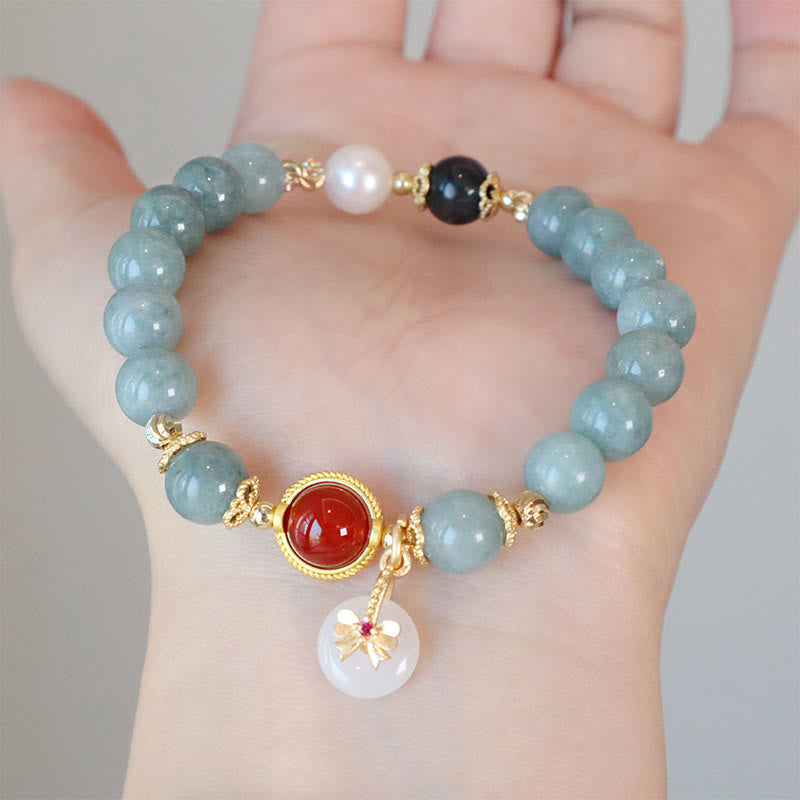 Buddha Stones Natural Jade Red Agate Pearl Bow Tie Luck Bracelet Bracelet BS 3