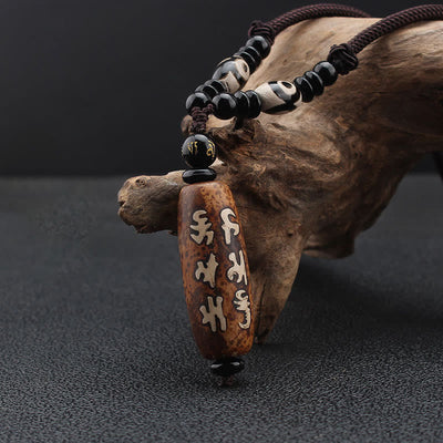Buddha Stones Tibet Om Mani Padme Hum Dzi Bead Avalokitesvara Pattern Wealth Necklace Pendant Necklaces & Pendants BS 1