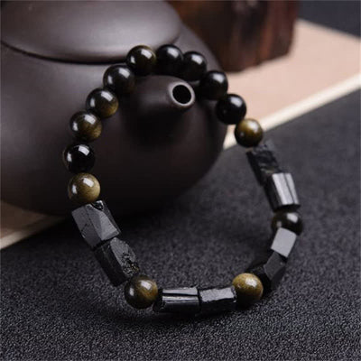 Buddha Stones Gold Sheen Obsidian Black Tourmaline Wealth Bracelet - Gold Sheen Obsidian - image 0