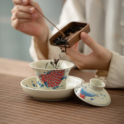 Buddha Stones Koi Fish Arowana Ceramic Gaiwan Sancai Teacup Kung Fu Tea Cup With Lid 130ml Cup BS 8
