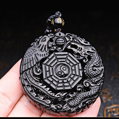 Collier pendentif Foviel Bagua Dragon Phénix en obsidienne