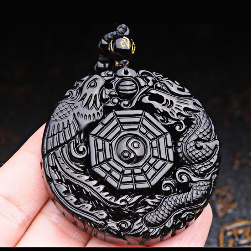 Collier pendentif Foviel Bagua Dragon Phénix en obsidienne