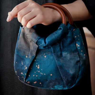 Buddha Stones Handmade Jacquard Flower Blue Wooden Handle Handbag Handbags BS 9