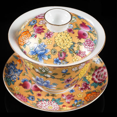 Buddha Stones Peony Flowers Ceramic Gaiwan Sancai Teacup Kung Fu Tea Cup And Saucer With Lid Cup BS 3