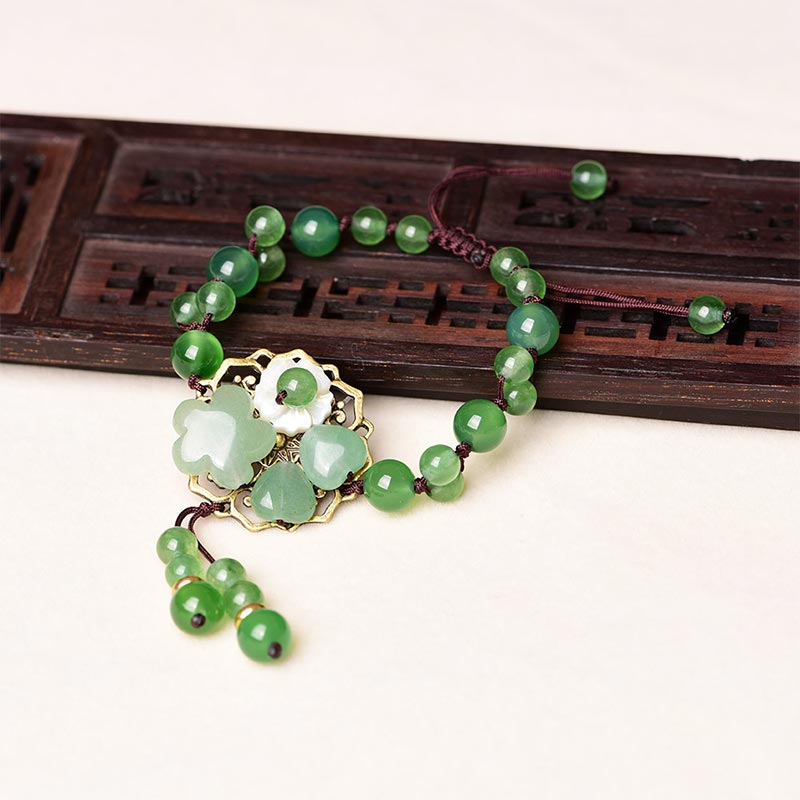 Buddha Stones Natural Green Jade Luck Dangling Flower Bracelet Bracelet BS 14