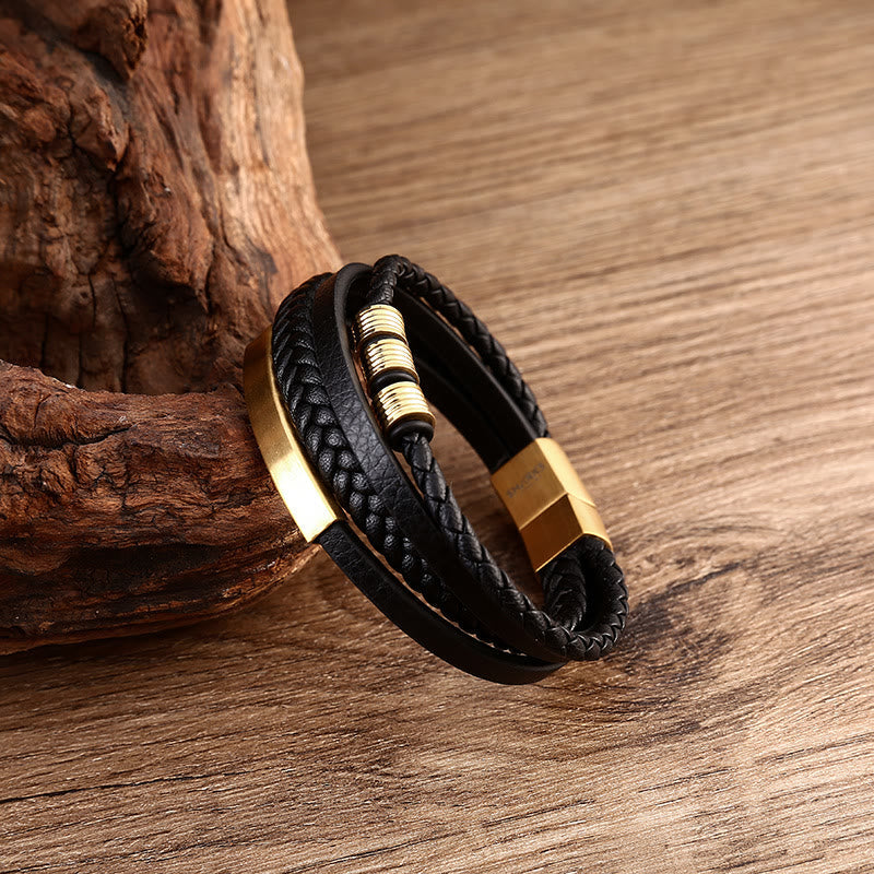 Buddha Stones Leather Multi-Layer Titanium Steel Balance Braided Magnetic Buckle Bracelet Bracelet BS 13