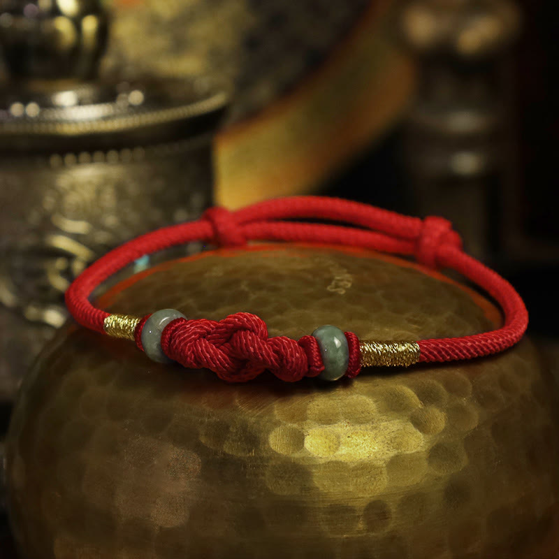 Bracelet couple tressé Foviel à nœud chinois en jade et fil rouge porte-bonheur