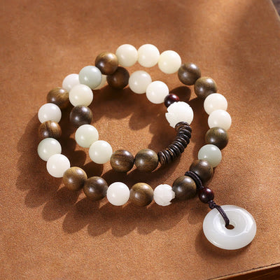 Buddha Stones Bodhi Seed Green Sandalwood Lotus Peace Buckle Harmony Double Wrap Bracelet Bracelet BS 1