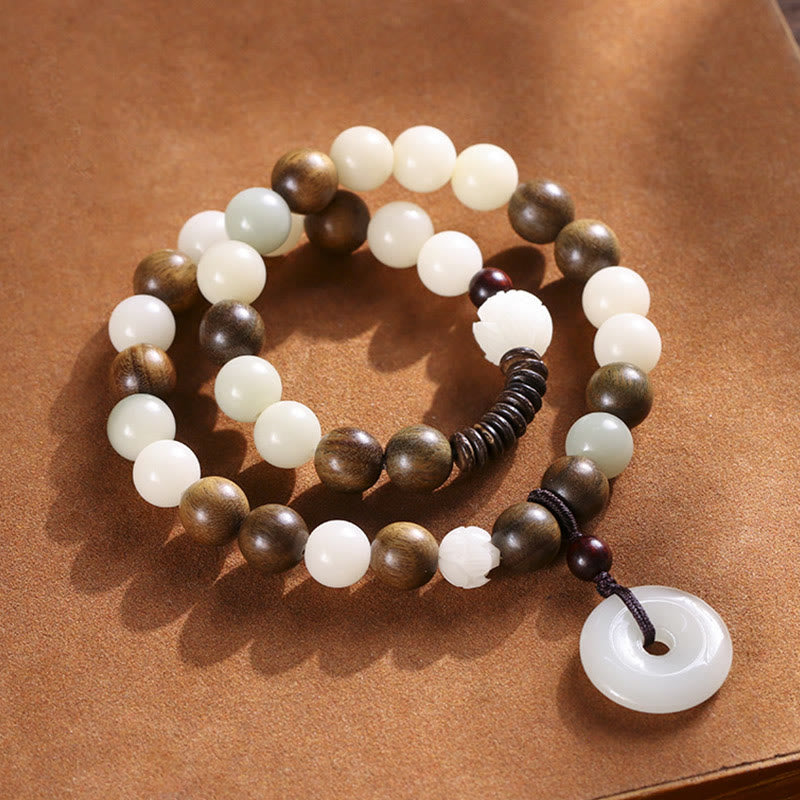 Buddha Stones Bodhi Seed Green Sandalwood Lotus Peace Buckle Harmony Double Wrap Bracelet Bracelet BS 1