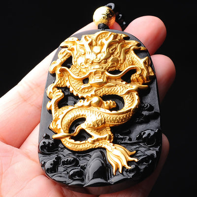 Collier avec pendentif porte-bonheur Foviel en obsidienne et dragon plaqué or 18 carats