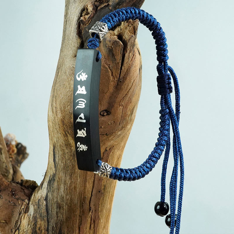 Buddha Stones Buddhism Six True Words Wood Ebony Wood Silver Inlaid Protection Bracelet Bracelet BS 6