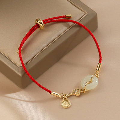 Buddha Stones 18K Gold Plated Hetian Jade Peace Buckle Fu Character Luck Red Rope Bracelet Bracelet BS 9