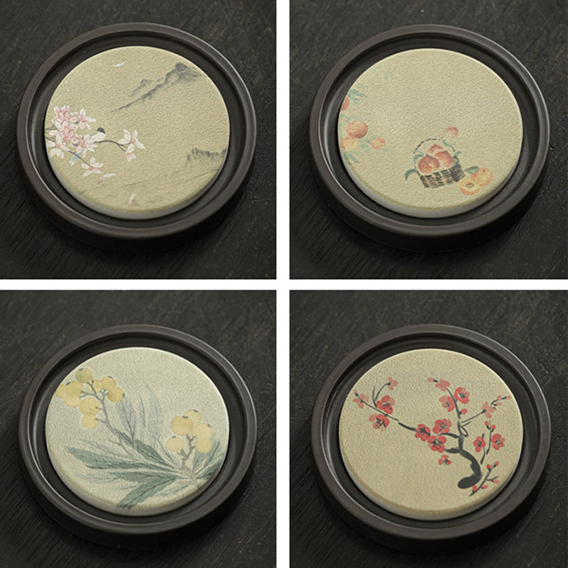 Buddha Stones Plum Blossom Peach Heart Sutra Loquat Magnolia Persimmon Ceramic Cup Mat Pad Coaster Kung Fu Tea Mat Cup Mat BS 21