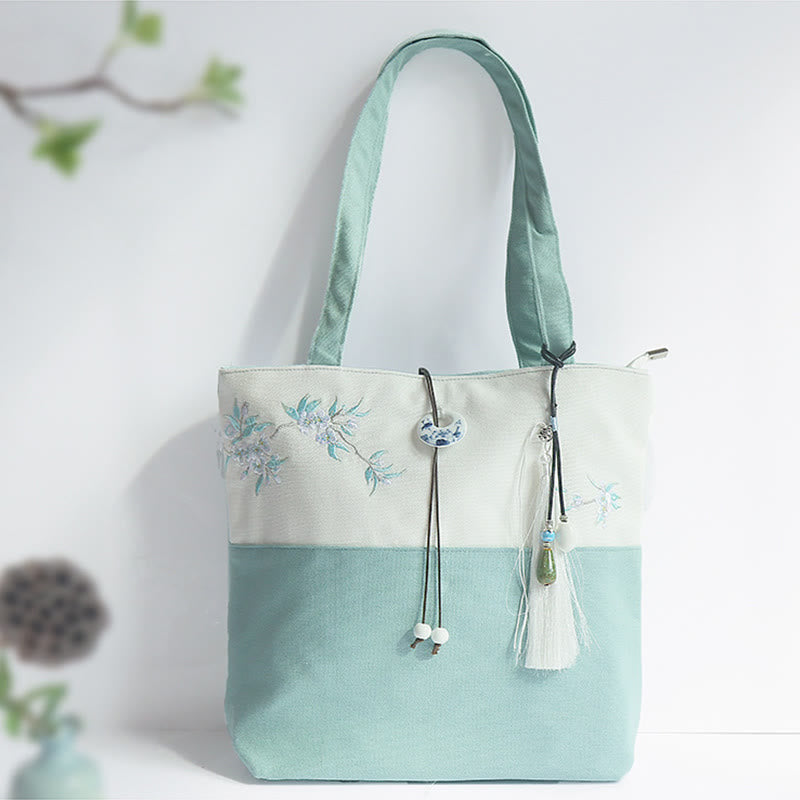 Buddha Stones Pear Flower Plum Peach Blossom Bamboo Embroidery Canvas Large Capacity Shoulder Bag Tote Bag - image 3