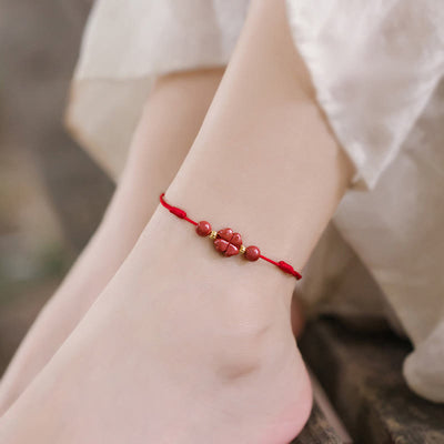Buddha Stones Four Leaf Clover Cinnabar Blessing Calm String Bracelet Anklet Bracelet BS 11