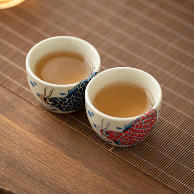 Buddha Stones Koi Fish Arowana Peony Sunflower Ceramic Teacup Kung Fu Tea Cup 60ml Cup BS 7