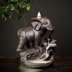 Buddha Stones Tibetan Elephant Purple Clay Backflow Smoke Fountain Peace Healing Incense Burner Decoration Incense Burner BS Brown
