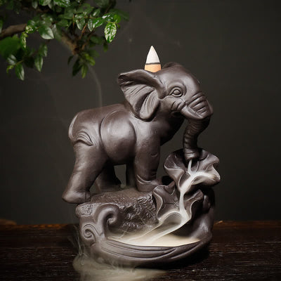 Buddha Stones Tibetan Elephant Purple Clay Backflow Smoke Fountain Peace Healing Incense Burner Decoration Incense Burner BS Brown
