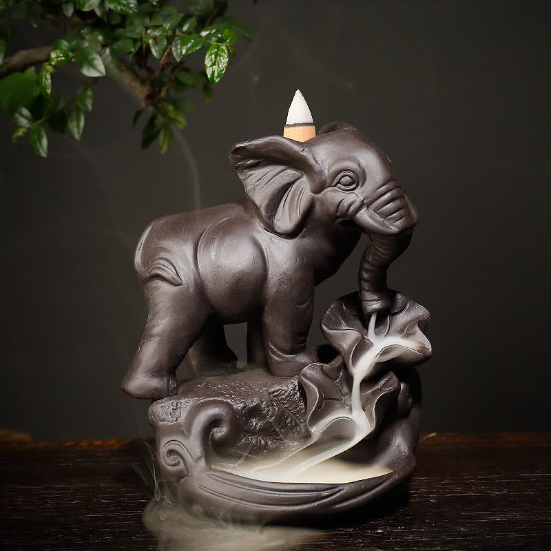 Buddha Stones Tibetan Elephant Purple Clay Backflow Smoke Fountain Peace Healing Incense Burner Decoration Incense Burner BS Brown