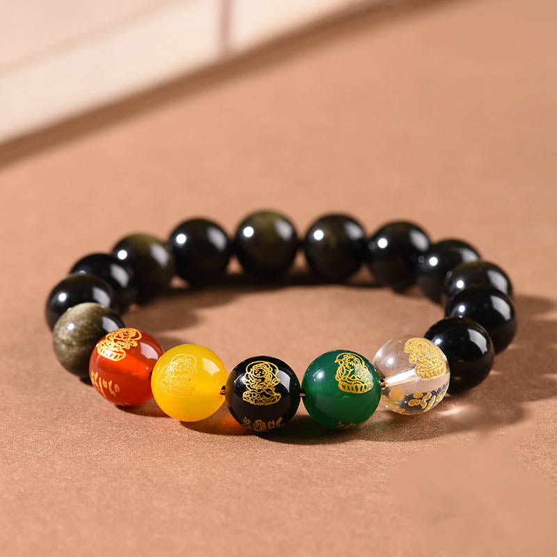 Buddha Stones Gold Sheen Obsidian Rainbow Obsidian Black Obsidian Five Directions Gods of Wealth Bracelet Bracelet BS 5