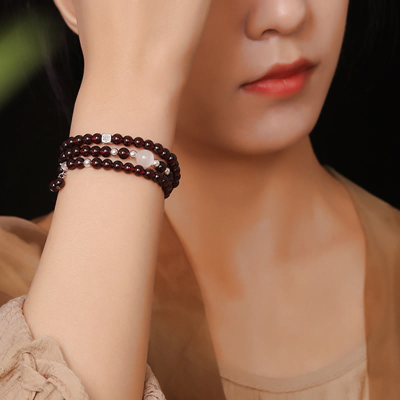 Buddha Stones 925 Sterling Silver Natural Garnet Cat Eye Protection Triple Wrap Bracelet Bracelet BS 5
