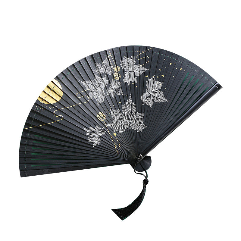 Buddha Stones Vintage Cloud Crane Maple Leaf Pattern Handheld Bamboo Folding Fan Folding Fan BS 6