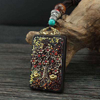 Buddha Stones Tibet God Of Wealth Money Tree Golden Phoenix Thangka Ebony Peace Necklace Pendant Necklaces & Pendants BS 10
