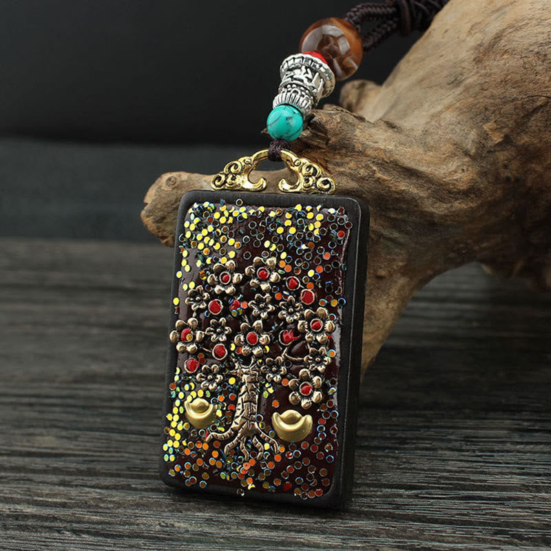 Buddha Stones Tibet God Of Wealth Money Tree Golden Phoenix Thangka Ebony Peace Necklace Pendant Necklaces & Pendants BS 10