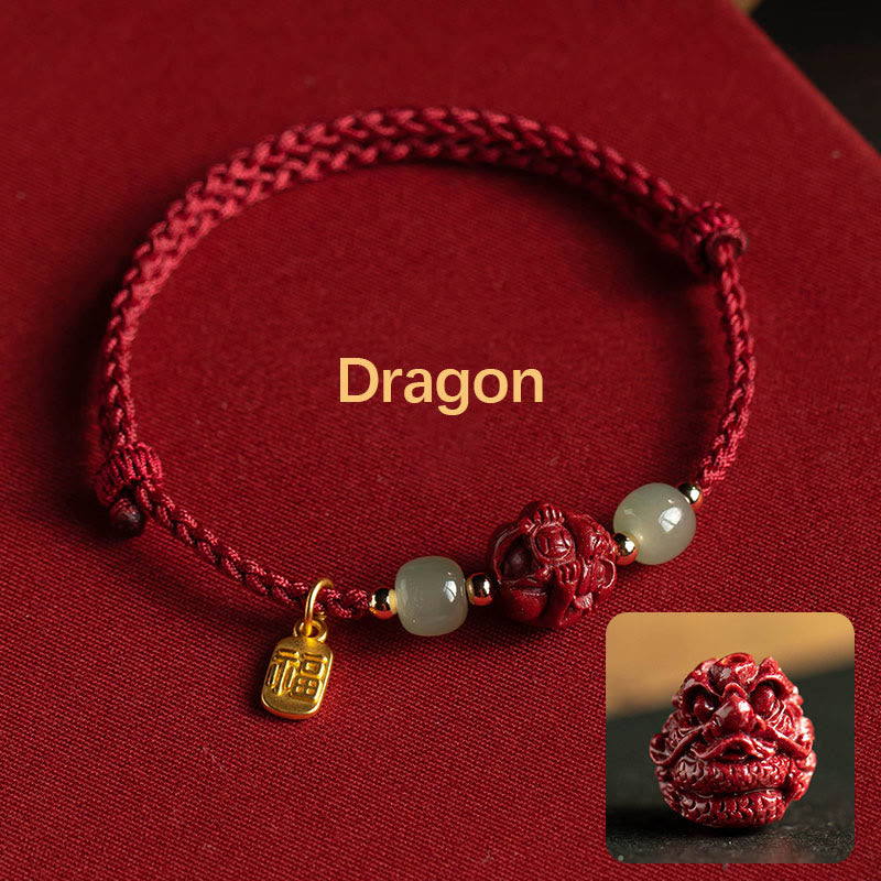 Buddha Stones Natural Cinnabar Chinese Zodiac Hetian Jade Fu Character Luck Rope Bracelet - Dragon(Wrist Circumference 14-18cm) - image 4