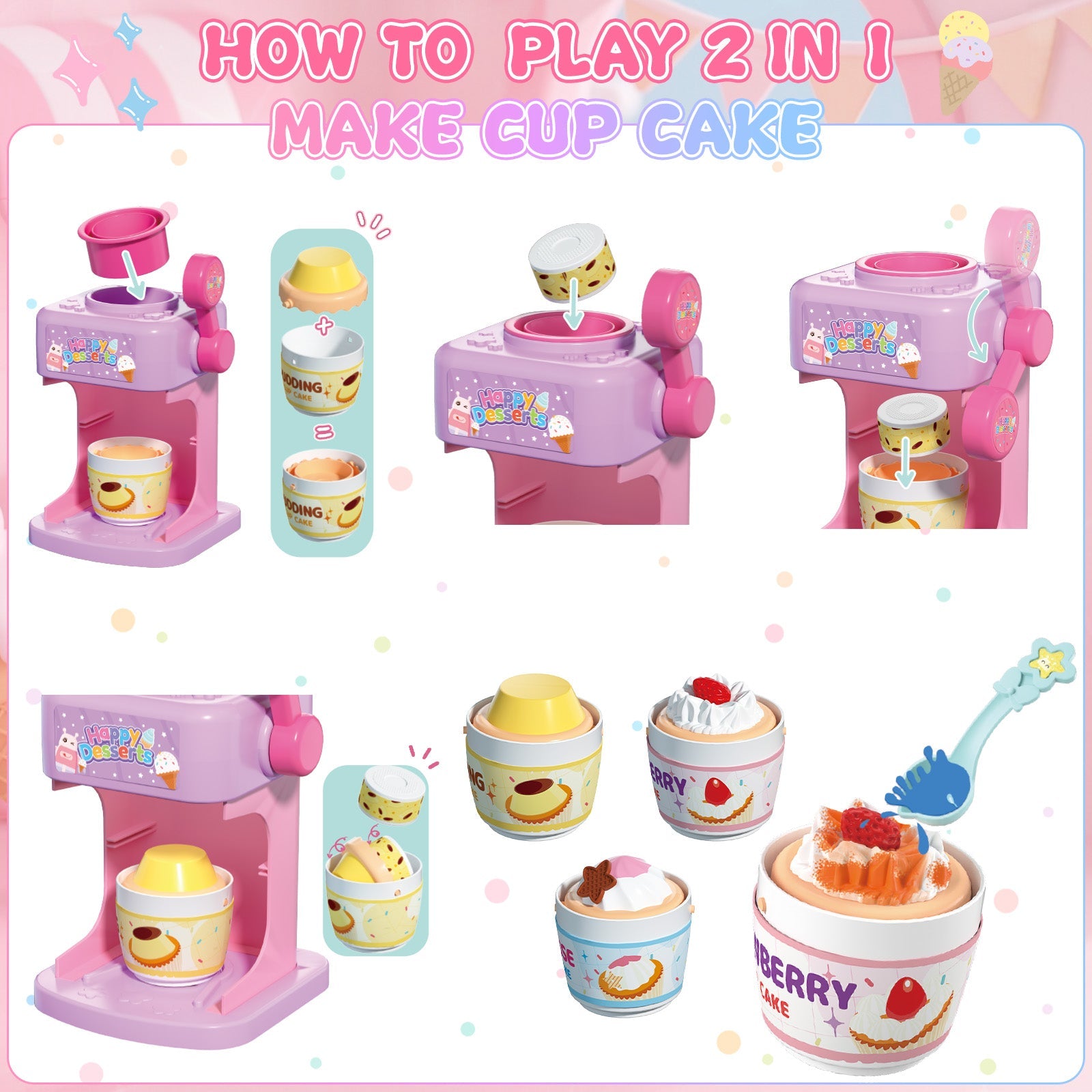 2-in-1 Color Changing Dessert Maker Playset -Ice Cream & Cake Toy with Ice Water Colour Change, Pretend Play Kitchen Toys for Kids,Birthday Gifts for Girls & Boys