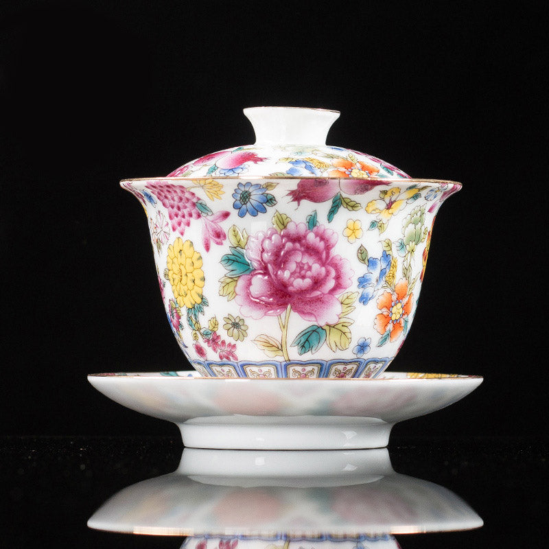 Buddha Stones Peony Flowers Ceramic Gaiwan Sancai Teacup Kung Fu Tea Cup And Saucer With Lid Cup BS White 9.5cm*9.3cm*160ml