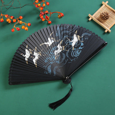 Buddha Stones Vintage Cloud Crane Maple Leaf Pattern Handheld Bamboo Folding Fan Folding Fan BS Crane Black 18.5cm
