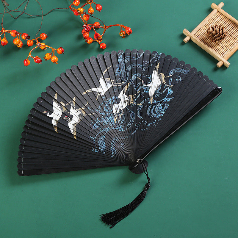 Buddha Stones Vintage Cloud Crane Maple Leaf Pattern Handheld Bamboo Folding Fan Folding Fan BS Crane Black 18.5cm
