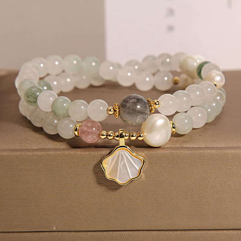 Buddha Stones Double Layer Jade Shell Luck Bracelet Bracelet BS Jade Shell Pendant Bracelet(Wrist Circumference: 14-15cm)