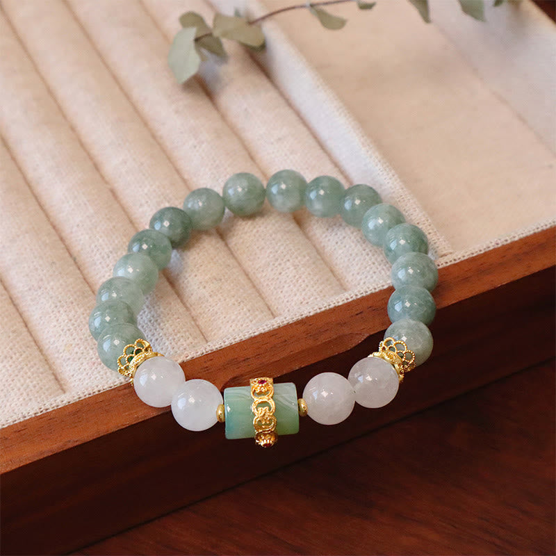 Buddha Stones Single Double Layer Jade Peace Buckle Luck Bracelet Bracelet BS Jade Single Layer Lucky Bead Bracelet(Wrist Circumference: 14-16cm)