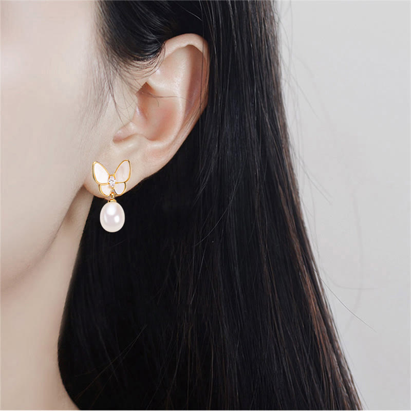 Buddha Stones 925 Sterling Silver Posts 18K Gold Plated Copper Pearl Butterfly Optimism Stud Earrings 8