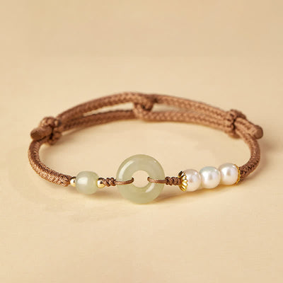 Buddha Stones Natural Hetian Jade Pearl Peace Buckle Luck Bracelet - Brown - image 0