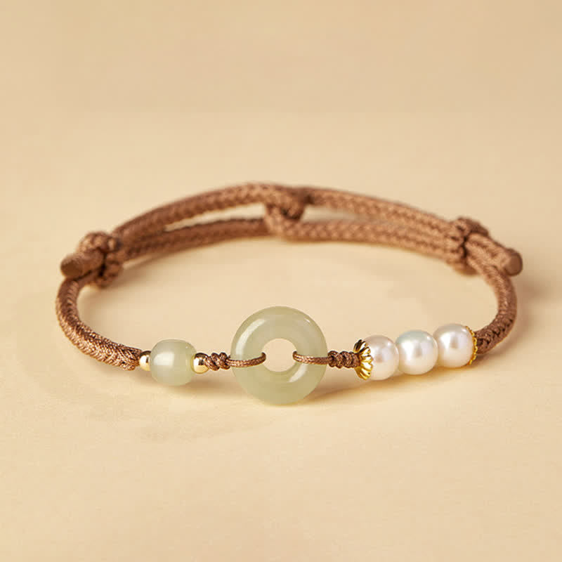 Buddha Stones Natural Hetian Jade Pearl Peace Buckle Luck Bracelet - Brown - image 0