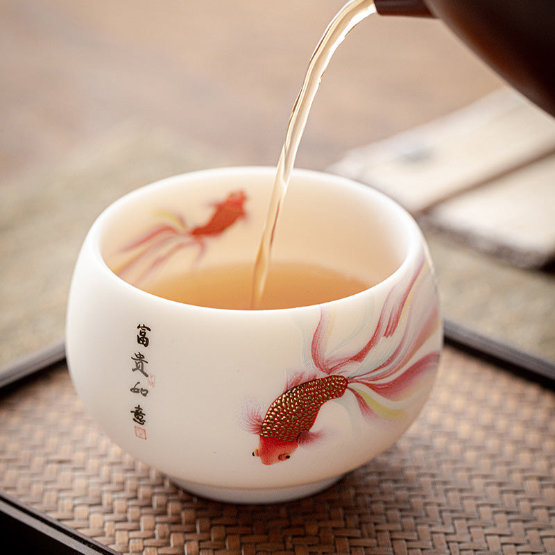 Buddha Stones Koi Fish White Porcelain Ceramic Teacup Kung Fu Tea Cup Cup BS 5