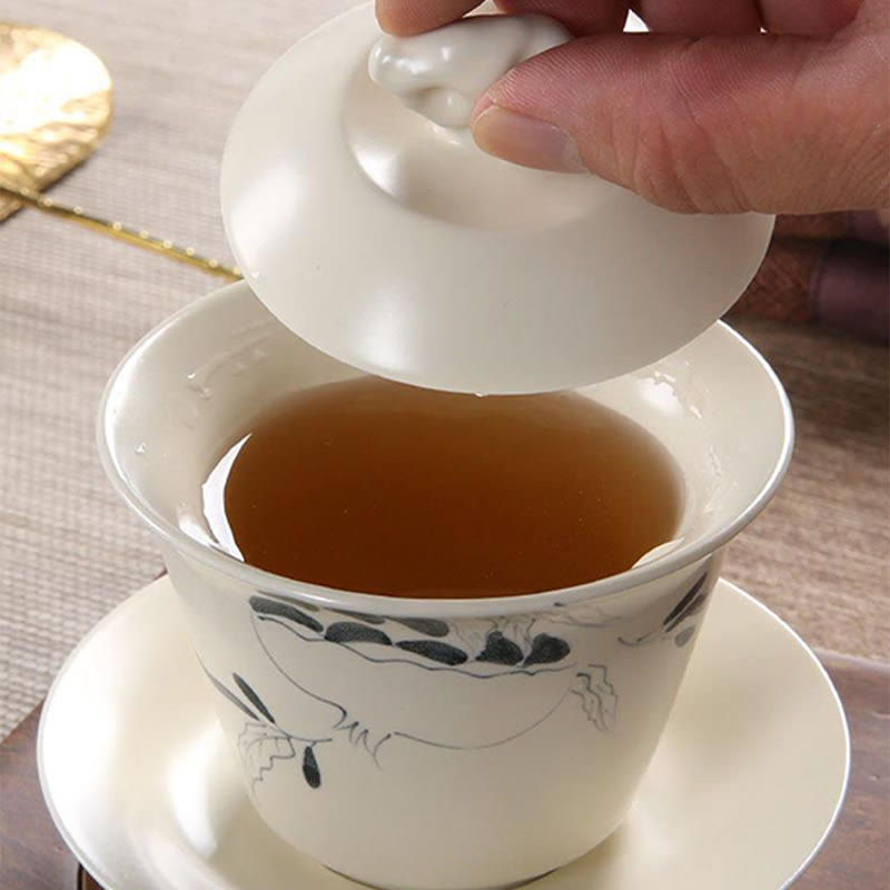 Buddha Stones Hand Painted Pomegranate Hibiscus Pine Lotus Ceramic Gaiwan Sancai Teacup Kung Fu Tea Cup And Saucer With Lid Cup BS 16
