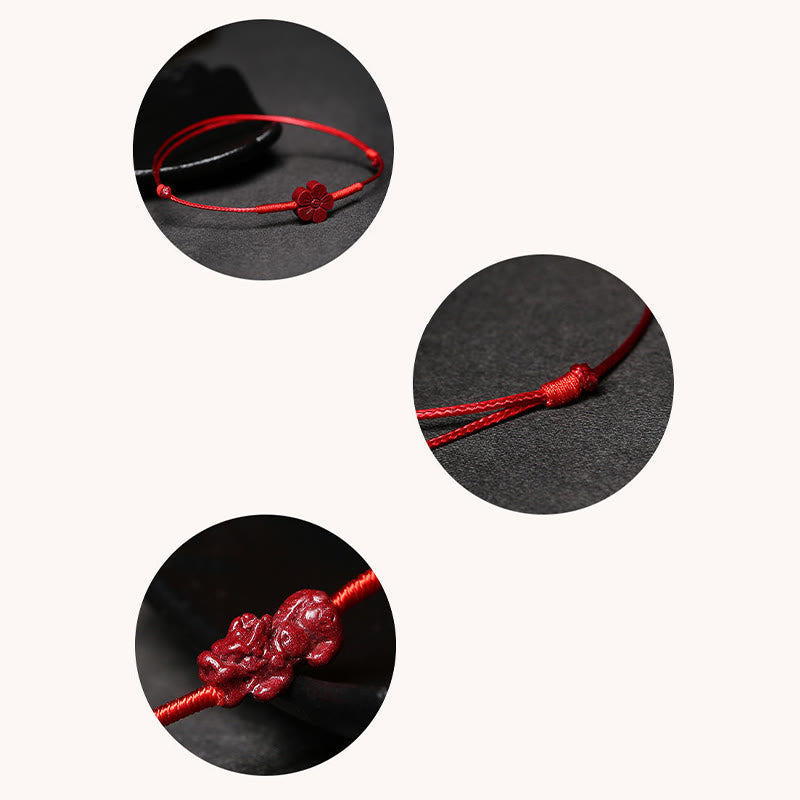 Buddha Stones Handmade Plum Blossom Four Leaf Clover PiXiu Lotus Koi Fish Cinnabar Blessing Braid Bracelet Bracelet BS 10