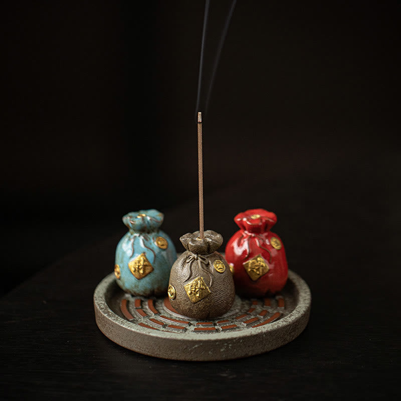 Buddha Stones Small Treasure Bowl Lucky Bag Bagua Tray Healing Ceramic Stick Incense Burner Decoration Incense Burner BS 17